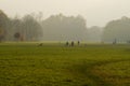 Misty autumn atmosphere in Niddapark Frankfurt. Many dog owners are out and about.