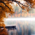 Misty Autumn Lake With Wooden Dock