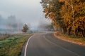 Misty autumn landscape. Asphalt road between autumn trees. Royalty Free Stock Photo