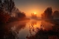 misty autumn morning with fiery sunrise, showcasing the bright orange and red hues of the sun