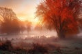 misty autumn morning with fiery sunrise, showcasing the bright orange and red hues of the sun