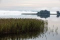 Misty autumn morning. An island in the middle of a river in the fog. The reeds in the foreground. Reflection in water Royalty Free Stock Photo