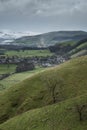 Misty Autumn morning landscape of Derwent Valley from Mam Tor in