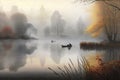 misty autumn morning, with mist rising from a lake, and canoeists paddling through the water