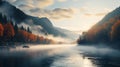 Misty Autumn River: A Breathtaking Landscape Painting By Anton Fadeev Royalty Free Stock Photo