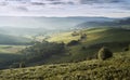 Green Farming Hills in Morning Autumnal Mist Royalty Free Stock Photo