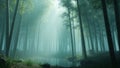 Misty Bamboo Forest with Sunlight Filtering Through Trees and Pond nature Royalty Free Stock Photo