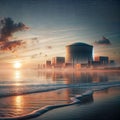 Misty Beach with Plant: Sunset & Industrialization, generative ai Royalty Free Stock Photo