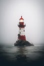 Misty Beacon: Discover the Enigmatic Lighthouse Amidst the Serene Rocky Island. Generative AI