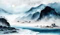 Misty Blue Coastal Landscape in Traditional Oriental Ink Painting Style for Wall Art. Royalty Free Stock Photo