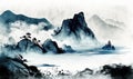 Misty Blue Coastal Landscape in Traditional Oriental Ink Painting Style for Wall Art. Royalty Free Stock Photo