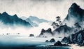 Misty Blue Coastal Landscape in Traditional Oriental Ink Painting Style for Wall Art. Royalty Free Stock Photo