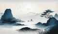 Misty Blue Coastal Landscape in Traditional Oriental Ink Painting Style for Wall Art. Royalty Free Stock Photo