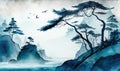 Misty Blue Coastal Landscape in Traditional Oriental Ink Painting Style for Wall Art. Royalty Free Stock Photo