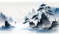 Misty Blue Coastal Landscape in Traditional Oriental Ink Painting Style for Wall Art. Royalty Free Stock Photo