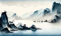 Misty Blue Coastal Landscape in Traditional Oriental Ink Painting Style for Wall Art. Royalty Free Stock Photo