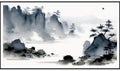 Misty Blue Coastal Landscape in Traditional Oriental Ink Painting Style for Wall Art. Royalty Free Stock Photo