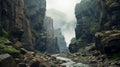 Misty Canyon: A Serene Atmosphere Of Sharp Boulders And Overcast Skies