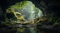 Misty Cave: A Serene Forest Landscape With Rocks And Water