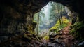 Misty Cave Surrounded By Trees And Rocks