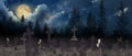 Misty cemetery with old creepy headstones under moon. Halloween banner design