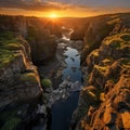 Misty cliffs with river at sunset long exposure - Landscape photography Royalty Free Stock Photo