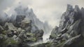 Misty Coastal Landscape: A Majestic River Flowing Through Norwegian Rocks