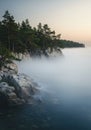Misty Coastline at Sunrise, Rocky Shore with Pine Trees Royalty Free Stock Photo