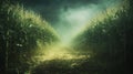 misty cornfield with ripe corn plants on either side, creating mysterious atmosphere. path is illuminated softly, enhancing serene Royalty Free Stock Photo