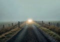Misty Country Road with Headlights Behind a Closed Gate Royalty Free Stock Photo