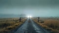 Misty Country Road with Headlights Behind a Closed Gate Royalty Free Stock Photo