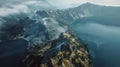 Misty Crater Lake with Mountainous Rim