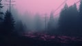 Misty Cyberpunk Landscape With Purple And Blue Sky