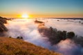 Misty dawn from hill over Valley and the forest Royalty Free Stock Photo
