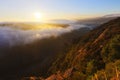 Misty dawn over mountains in summer morning. Galicia Royalty Free Stock Photo