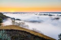 Misty dawn over Valley and the forest Royalty Free Stock Photo