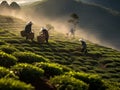 at misty dawn Vietnamese women collect tea leaves