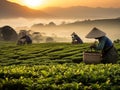 at misty dawn Vietnamese women collect tea leaves