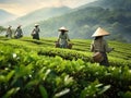 at misty dawn Vietnamese women collect tea leaves
