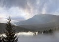 Misty daybreak in autumn Carpathian mountain, Ukraine Royalty Free Stock Photo