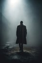 Mysterious African american man wearing a long trench coat in the fog. Noire detective. Interwar Period. Royalty Free Stock Photo