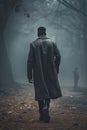 Mysterious African american man wearing a long trench coat in the fog. Noire detective. Prohibition and Organized Crime era.
