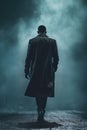Mysterious African american man wearing a long trench coat in the fog. Noire detective. Social Change and Liberation era.