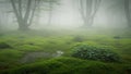 Misty Enchanted Forest Floor Covered in Lush Green Moss and Trees 142 Royalty Free Stock Photo