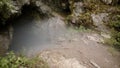 Misty entrance to dark cave. Stock footage. Mysterious and frightening cave entrance with fog and green plants around