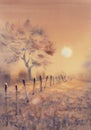 Misty evening in the fields watercolor background