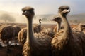 Misty farm backdrop as ostrich group roams, a tranquil ensemble