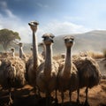 Misty farm backdrop as ostrich group roams, a tranquil ensemble