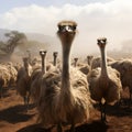 Misty farm backdrop as ostrich group roams, a tranquil ensemble