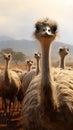 Misty farm backdrop as ostrich group roams, a tranquil ensemble